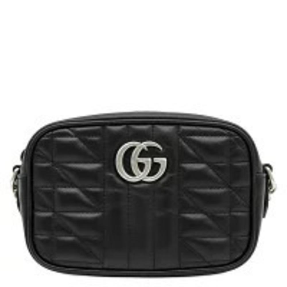 Gucci GG Marmont Camera Bag Leather Chevron Quilted Black Matte Double G
